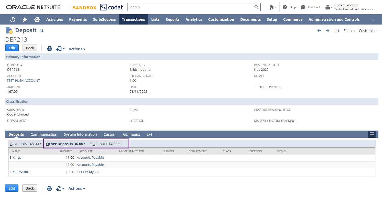 A NetSuite Deposit with the Other Deposits and Cash Back tabs highlighted. Image